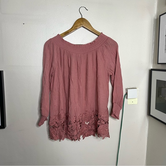 Boho Rose Pink Peasant Blouse She + Sky S Eyelet Cutouts Oversized Crepe Finish - Picture 7 of 9